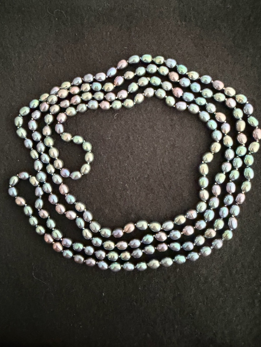 Vintage 64” hand knotted iridescent peacock pearl necklace